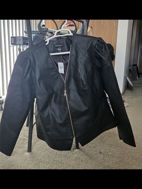 Ashley Stewart Black Faux Leather Zip Jacket with Puff Shoulders